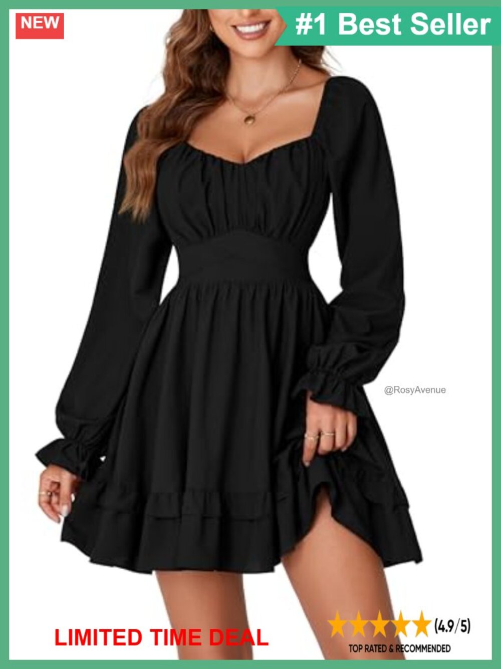 Women's Long Sleeve Wrap Mini Dress Square Neck Ruffle A-Line